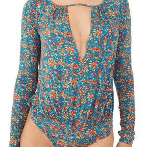 Free People Kaya Print Cutout Bodysuit in Turquoise Combo